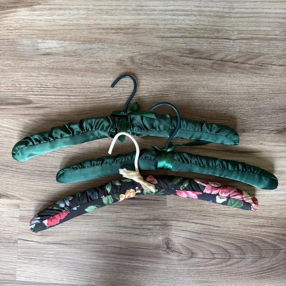 Vintage Padded Satin Clothes Hangers Set of 3 Emerald Green and Floral Print
